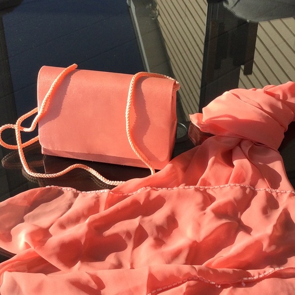 Soft Peach beaded gown with train. Size 10. Purse and chiffon wrap included. - Picture 3 of 12